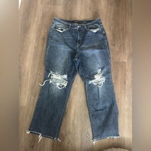 Judy Blue Dark Wash Straight Fit Jeans with On-Trend Distressing